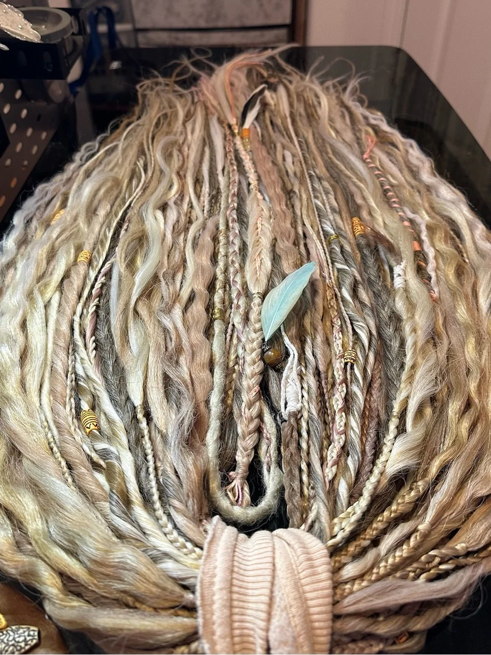 Boho Blonde Synthetic Dreadlock Hairpiece with Beads & Feathers - Picture 6 of 17